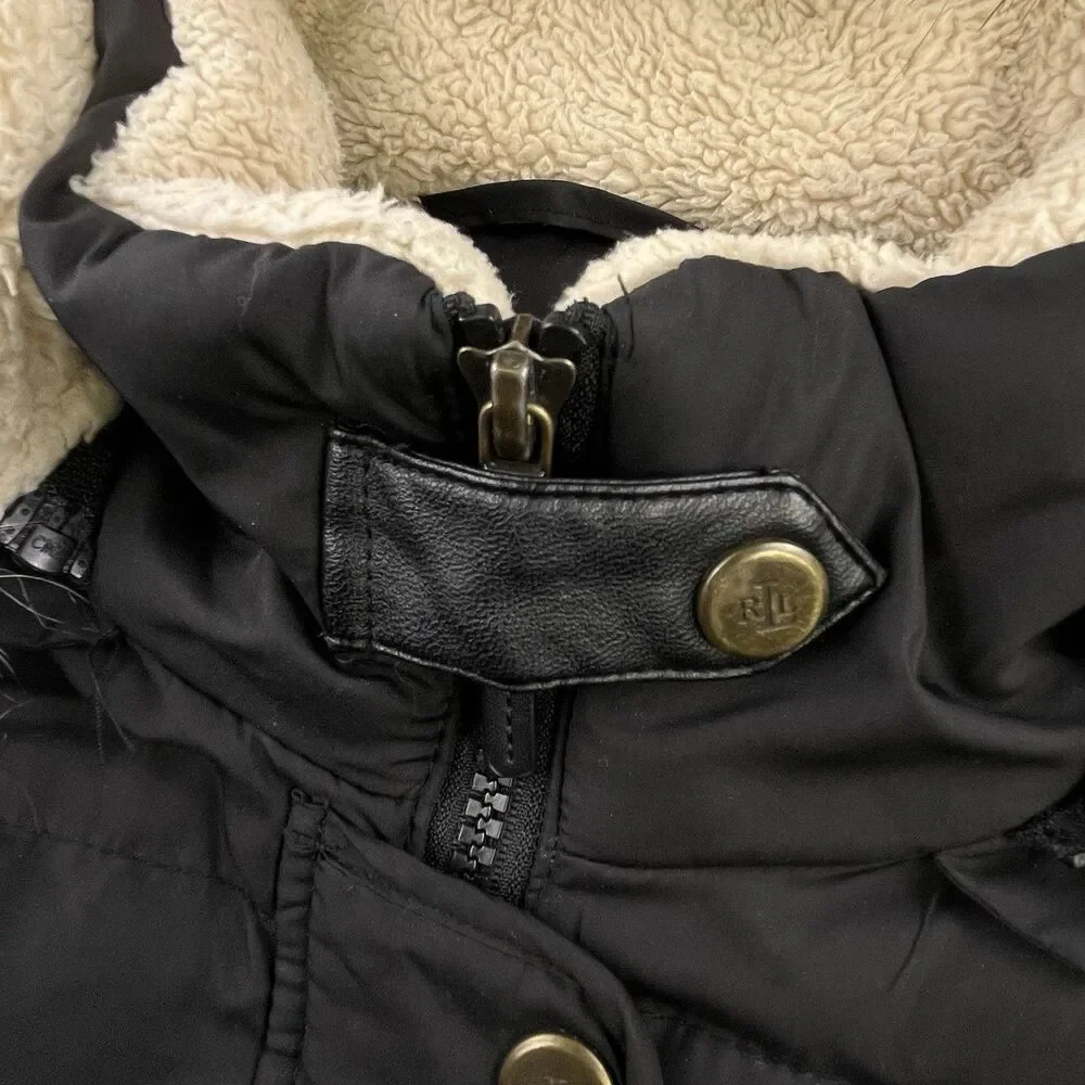 Lauren Ralph Lauren Down Puffer Coat Women's S Black Feather Removable Fur Hood